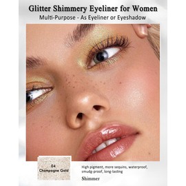 Gold Glitter Eyeliner Pencil Brightener Stick, Long-Stay 24H, Waterproof Smudge-Proof Retractable Eyeliner Pen, Cream Gel Eye Liner Waterline, Shimmer Highlighter Eye Liner Makeup Pen with Sharpener