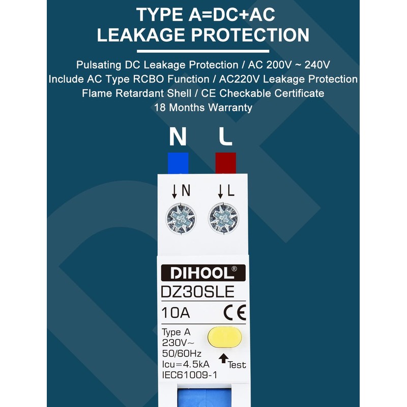 DIHOOL Type a RCBO ELCB RCD 18mm width Circuit Breaker(30mA