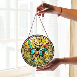FIVITY 7.8'' Bee Suncatcher Stained Glass Window Hanging Bumble Bee Diamond Art Honeycomb Sun Catcher Kitchen Bathroom Home Office Decor Honeybee Ornaments Gifts for Girls Women Mother Grandma