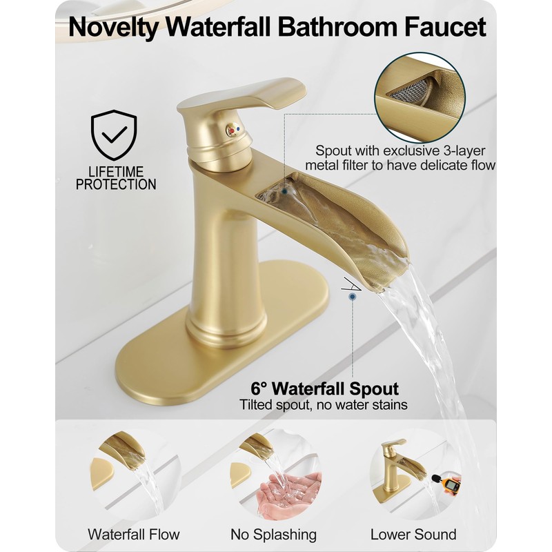 HOIGY Waterfall Faucet, Brass Gold Bathroom Faucet 1 Hole, 1