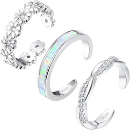 [LOYALLOOK] Toe Ring Women's Popular Silver 925 Toe Ring Adjustable 14K White Gold Flower Opal Band Ring Summer Beach Open Toe Ring Foot Jewelry Set, Metal
