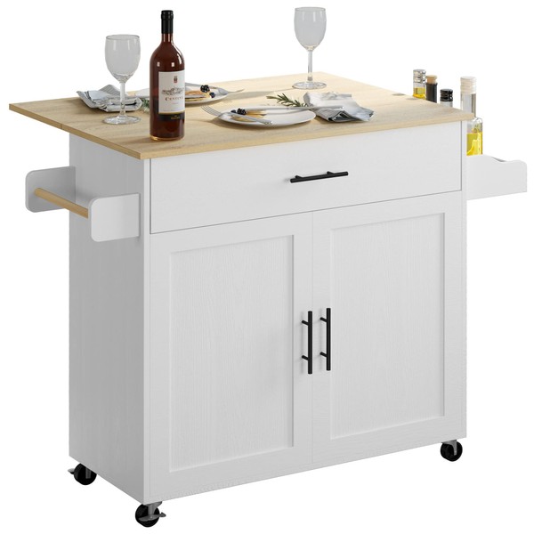 IRONCK Rolling Kitchen Island Table on Wheels with Drop Leaf, Storage Cabinet, Drawer, Spice Rack, Towel Rack, Kitchen Cart, White