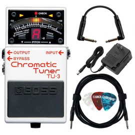 Boss TU-3 Chromatic Tuner Pedal - Bundle with Power Adapter, 10ft Instrument Cable, 6in Patch Cable, and Picks