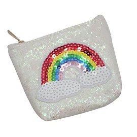 Topkids Accessories Coin Purse Cute Kids Wallet Girls Purse Children's Purses Small Coin Purse Girls Accessories Boys Coin Pouch Holder Money Bag (White Glitter Rainbow Motif with Zip)