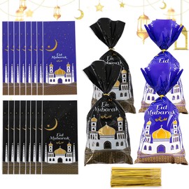 Pack of 100 Eid Mubarak Bags, Ramadan Bags for Filling, Gift Bags, Theme Printed Pattern Gift Bag, Eid Mubarak Decoration, Bayram Gift Bags with 100 Golden Ribbons for Eid Mubarak Decoration