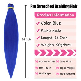 26 Inch Pre Stretched Braiding Hair 3 Packs Blue Braiding Hair for Goddess Box Braids Hot Water Setting Easy Braid Yaki Texture EZ Braids Synthetic Hair Extensions Crochet Bradids/Blue