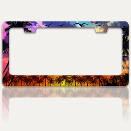 Hawaiian Palm Trees License Plate Frame Seaside Scenery License Plate Holders Funny Stainless Steel Auto Accessory Bracket 2 Hole with Screws Universal Us Car License Plate Frames 6x12 Inch