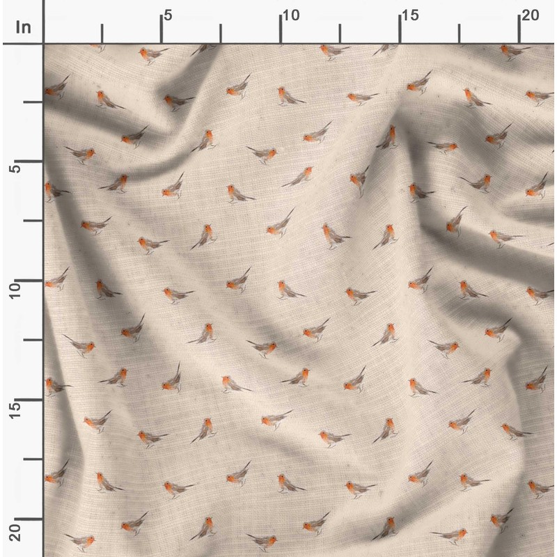 Soimoi White Velvet Fabric American Robin Bird Print Fabric by