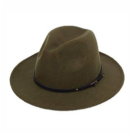 QUUPY Women Wool Fedora Hat with Belt Buckle Classic Felt Wide Brim Panama Hat Army Green