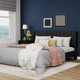 WJORATA Upholstered Platform King Size Bed Frame with Headboard Wooden Slats Support No Noise Easy Assembly Black Linen