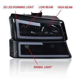 CNNELL LED DRL Headlights Assembly Compatible with Chevy Silverado Avalanche 2003-2006 1500 2500 3500&HD Front Headlamps Smoky Lens Black Housing Clear Reflector Driver and Passenger Side