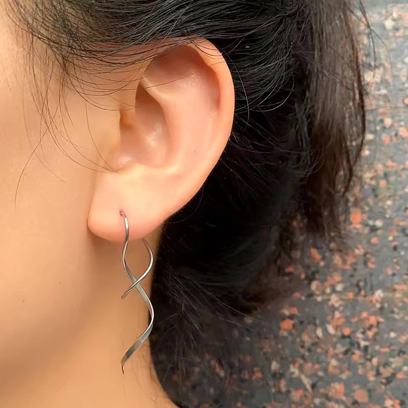Silver Dangle Earrings, Hypoallergenic Twisted Pull Through Drop Earrings for