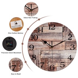 ACOZUHSE Silent Non-Ticking Wall Clocks, Brown Wood Barn Board Pine Plank Rustic Wall Clocks, Battery Operated 12 Inch Round Wall Clock for Home Decor Living Room Kitchen Office