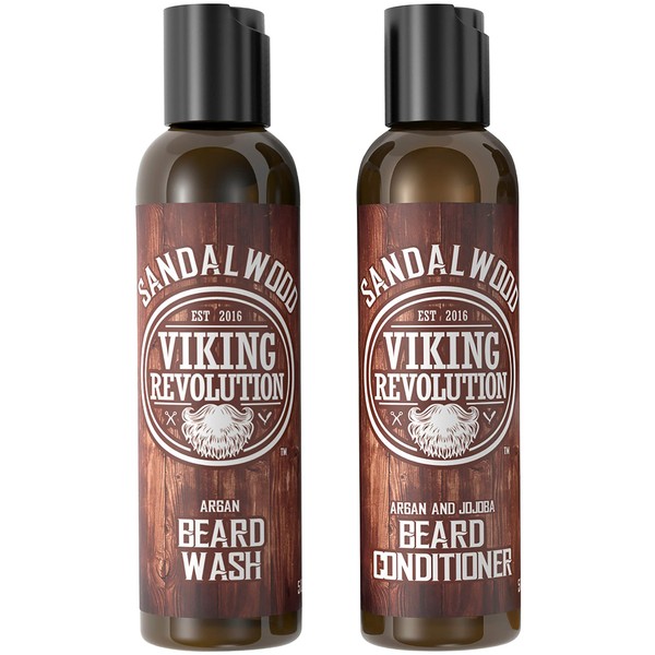 Beard Wash & Beard Conditioner Set w/Argan & Jojoba Oils - Softens & Strengthens - Natural Sandalwood Scent - Beard Shampoo w/Beard Oil (5oz)