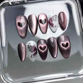 24pcs Cat Eye Press on Nails Medium Almond Fake Nails with Hollow Heart Butterflys Designs Summer Glitter False Nails White Glue on Nails Handmade Full Cover Acrylic Nails Stick on Nails for Women