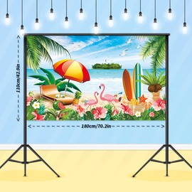 5.9X3.6ft Fabric Hawaii Party Backdrop, Summer Beach Aloha Tiki Luau Party Photography Backdrop Tropical Flamingo Table Cloth Wall Background Banner with Ribbon for Birthday Wedding Party Supplies