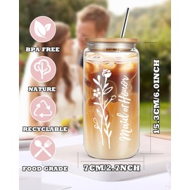 DHQH Bridesmaid Proposal Gifts,16 Oz Bride Glass Cups with Bamboo Lids and Straw, Maid of Honor Gifts for Bridal Shower Wedding Bachelorette Party