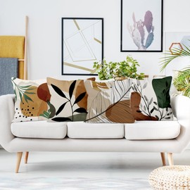 Uiiooazy Abstract Cushion Cover, Boho Green Leaves Brown Geometric Pattern Square Cushion Cover Velvet Decorative Cushion Cover for Sofa Couch Bedroom Living Room Car Set of 4 45 W x 45 cm