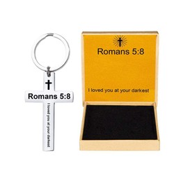 Ldurian Christian Keychain for Women, Cross Key Chain for Men Religious Scripture, Stainless Steel Faith Bible Verse Keychain, Romans 5:8, Stainless Steel, No Gemstone