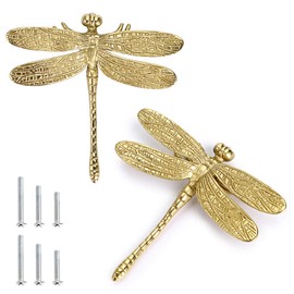 JUXYES Pack of 2 Brass Dragonfly Cabinet Knobs, Golden Tone Cupboard Door Knobs Decorative Dresser Drawer Handle Knobs for Dresser Drawer Cabinet Closet
