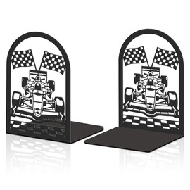 Hobbspring 2pcs Book Ends Formula Car Metal Bookends Heavy Duty Book Stoppers Non-Slip Bookend Office for Small Large Heavy Books Textbooks Black