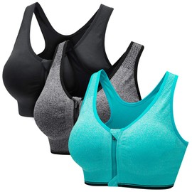 CARETOO Women's Sports Bra Front Zip Wireless Bras Shock Absorber Sports Bra, Stress Training Yoga Bustier with Removable Pads for Running Gym Fitness (Black & Grey & Green, 4XL)