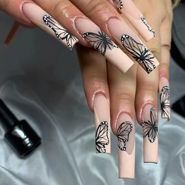Long Press on Nails Butterfly Fake Nails Glue on Nails with Black Butterfly Designs False Nails Full Cover Nude Coffin Glossy Artificial Nails Stick on Nails for Women and Girls 24Pcs