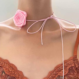 Atentuyi Boho Pink Rose Choker Necklace Floral Choker Pink Flower Choker Wedding Bride Bridesmaids Hand Flower Pink Flower Necklace Long Wrap Bow Velvet Necklace Jewellery for Women Teens Girls, Lace
