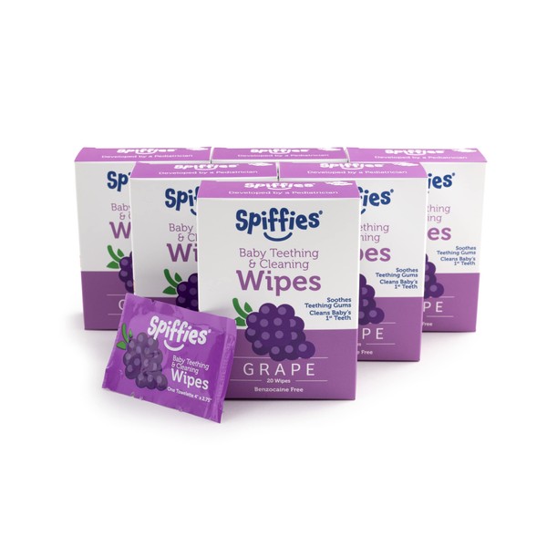 Spiffies Baby Oral Care Tooth Wipes - Gum & Teeth Wipe Tissues for Teething Relief & Cleaning Infant & Toddler Teeth - Baby Tooth Wipes w/ Xylitol for Ages 0-12 Months & Up (Grape, 20 Count, 6 Pack)