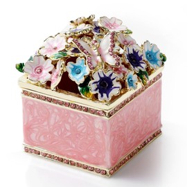 NIODAY Hand Painted Trinket Box Enamel Vintage Jewelry Box Hinged Metal Jewelry Organizer Decorative Treasure Box Unique Gifts Square Floral Box
