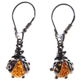 Baltic amber and sterling silver 925 cognac ladybird dangling hoops earrings