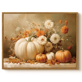 Vintage Floral Canvas Print with White Orange Pumpkins Autumn Leaves, Rustic Framed Fall Pumpkin Flower Still Life Wall Art 12x16, Thanksgiving Harvest Farmhouse Kitchen Entryway Décor