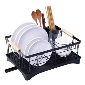 AppleTofu Dish Drainer Rack - Plate, Cutlery, Pots, and Pans Drying Rack for Kitchen with Beechwood Handles - Modern Retro Design Drip Tray with Metal Rack - Black