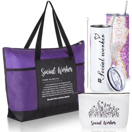 Sieral 3 Pcs Social Worker Appreciation Gift Set 20 oz Stainless Steel Tumbler with Straw, Canvas Makeup Bag and Tote Bag for Women, Staff, Colleagues, Nurse Week, Volunteers Graduation Gifts(Purple)