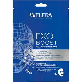 WELEDA Bio Exo Boost Collagen Cloth Mask Blue Gentian - Natural Cosmetics Moisture Face Mask with Collagen + Active Complex & Exosomes Peptides Technology for Firmer Skin & Glow (Vegan, 20 ml)