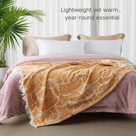 DOWN HOME Throw Blanket for Couch, Boho Chenille Cotton Knit Lightweight Blanket for Bed Sofa Chair All Season, Soft Cozy Blanket for Home Decor Office Farmhouse Outdoor, Yellow Leaves Pattern 55"x60"