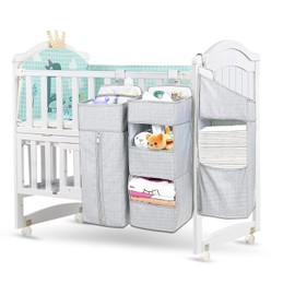 Organizador de pañales colgante para cuna de bebé, apilador de pañales 3 en 1 para cambiador, organizador de guardería, soporte de almacenamiento para artículos esenciales de bebé, combinación portátil (gris claro)