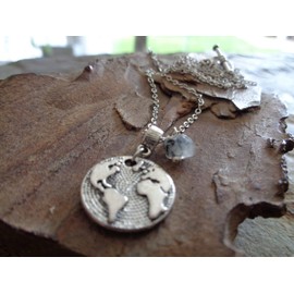 World buzzer and quartz on stainless steel chain: delicate chain with world pendant and rutile quartz
