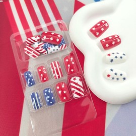 4th of July Nails Press on Medium Square Press on Nails Independence Fake Nails Red Lines Stars National Flag Design Blue White Glue on Nails Glossy July 4th False Nails for Girls Women 24Pcs