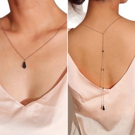 Inateannal Black Crystal Back Chain Necklace Silver Backlace Y-Necklace Long Tassel Back Necklace Bride Wedding Jewelry for Women