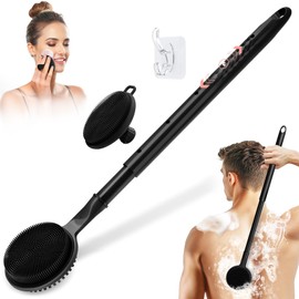 GEENOA Adjustable Silicone Back & Face Scrubber Set, 16''-24'' Extendable Shower Back Scrubber with Dual-Side Head and Lathering Bristles, Manual Face Scrubber with Soft Bristle Non-Slip Handle(Black)