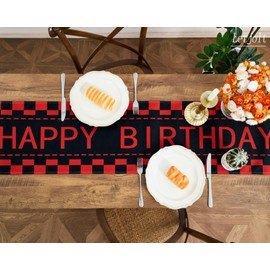 Happy Birthday Table Runner Black and Red Checkerboard Birthday Party Decorations Racing Theme Party Sign, 72 Inches