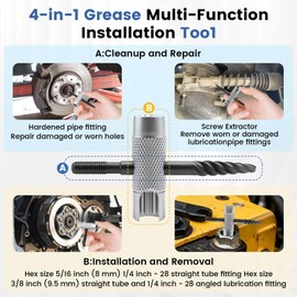 KCMOSGI 2 Pcs Grease Fitting Tool, 4-in-1 Grease Zerk Fitting Tool, Grease Zerk Tool Fit 1/4"-28 SAE, 1/8"-NPT, M10x1 M8x1 and Hex Size 3/8" 5/16" 7/16" for Install & Remove