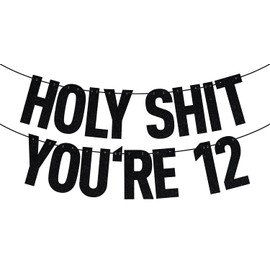 Black Glitter Holy You're 12 Banner, Happy 12th Birthday/Officially 12 Pre-teen/Level 12 Unlocked, 12th Birthday Party Decorations Supplies