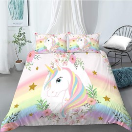 MUSOLEI Unicorn Bedding Kids Duvet Cover Sets Double Rainbow Star Bedding Set for Boys Girls Pink Flower 200x200cm Zipper Quilt Bed Cover and 50x75cm Pillowcase Watercolor Soft Multi-Colour Gift