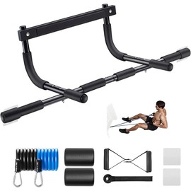 Pull up bar for doorway thickened steel max limit 440 lbs upper body fitness workout bar multigrip strength for doorway indoor chinup bar fitness trainer for home gym portable - Color: black, Size: Default