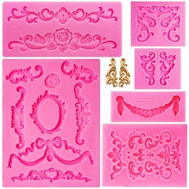 Baroque Style Silicone Molds, Curlicues Scroll Lace Fondant Molds, Vintage Relief Flower Mould Filigree 3D Clay Mold for Gummy Sugar Cookie Pastry Chocolate Mold for Clay Cupcake Topper Decor(6Pcs)