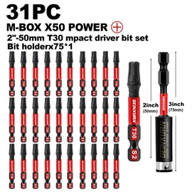 Geinxurn 30Pieces 2 In. T30 Impact Tough Magnetic Screwdriver Bit Set, #30 Torx Head Power Bits, S2 Alloy Steel Star Bits with 1Pc Impact Bit Holder and Storage M-Box