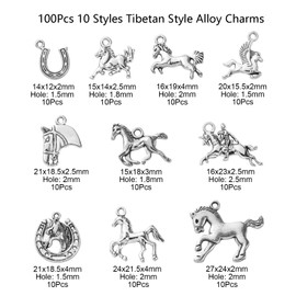 Stiesy 100Pcs 10 Styles Antique Silver Horse Charms Tibetan Style Horseshoe Charm Vintage Animal Jewelry Dangle Bulk for Bracelet Jewellery Making DIY Crafts Necklace Earring