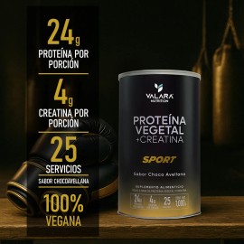 Valara Protena Sport 1 Kg - Protena Vegana Con Creatina Monohidratada Mxima Pureza, Citrato De Magnesio Y Probiticos - Sabor Choco Avellana Sin Azcar 